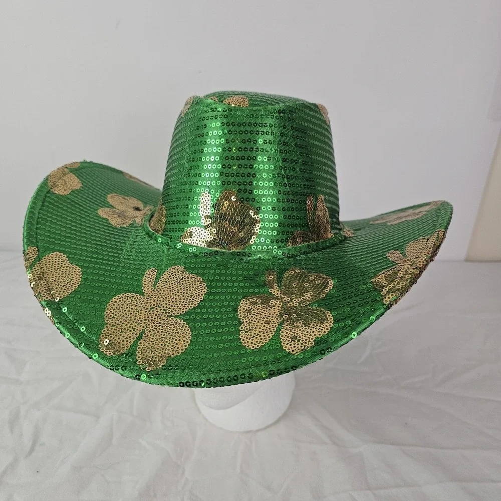 Celebrate NWT Cowboy Cowgirl Hat St. Patrick's Day Green Gold Sequin Shamrock OS